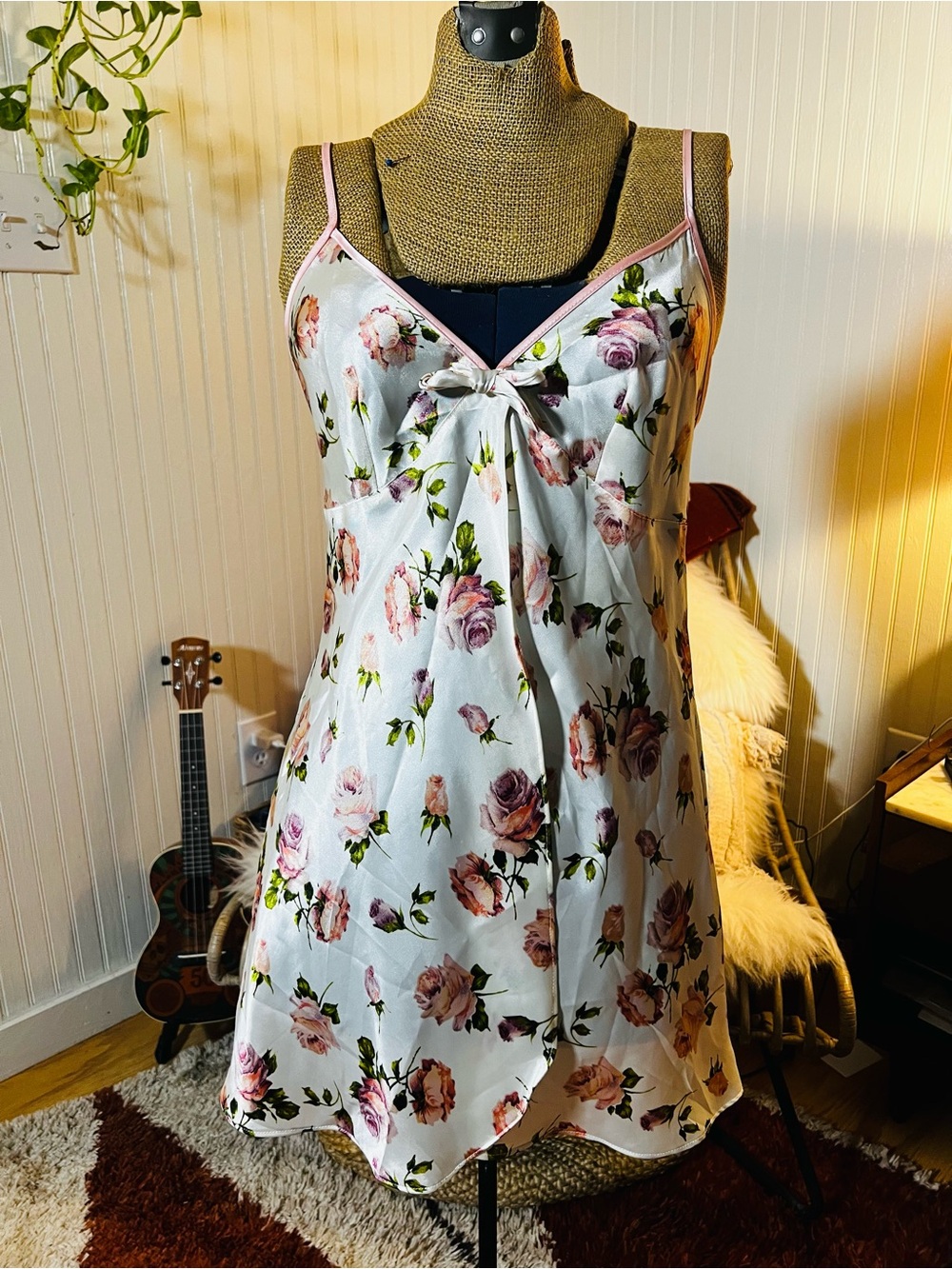 VTG Floral Satin Slip Dress - Pink Rose